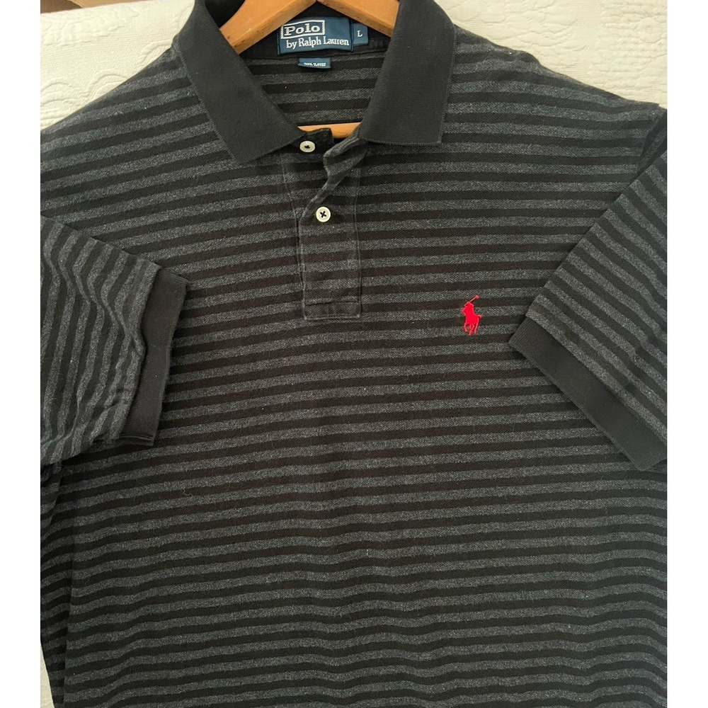 Polo Ralph Lauren Polo Shirt‎ Mens L Black Gray Stripe Red Pony Cotton Golf